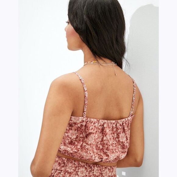 American Eagle Multi-Print Floral Linen Blend Cropped Cami Tank Top - Picture 4 of 9